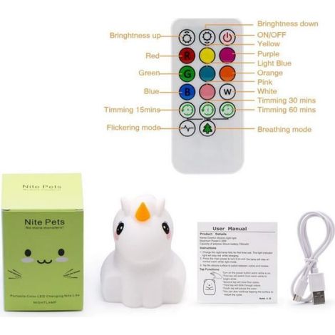 Licorne Veilleuse Enfant USB Rechargeable LED Lampe de chevet en silicone Couleur Changement Télécommande Dimmable Tactile Lumière (1/4)