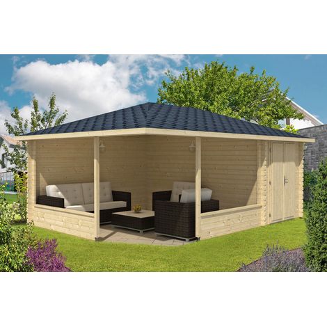 Alpholz 5-Eck Gartenlaube Maik-40 mit Anbau Gartenlaube aus Holz, Blockhaus mit 40 mm Wandstärke, Holzhaus mit Montagematerial (1/4)