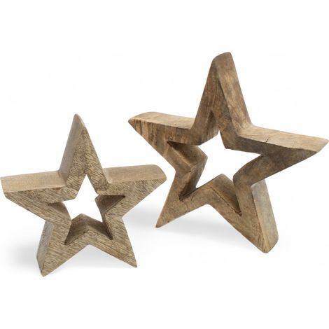 Mango Stern Aufsteller 2er Set natur - 18 / 14 cm - Holz Weihnachtstern Dekofigur - Holzstern Silhouette