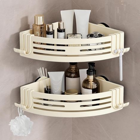 Set di 2 mensole angolari in alluminio, installazione senza forature grazie alle potenti ventose, ideali per doccia e cucina, colore crema, 22x22 cm. (1/5)