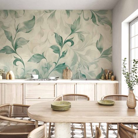 Fototapete – Botanisches Aquarellmotiv, zarte grüne und beige Blätter