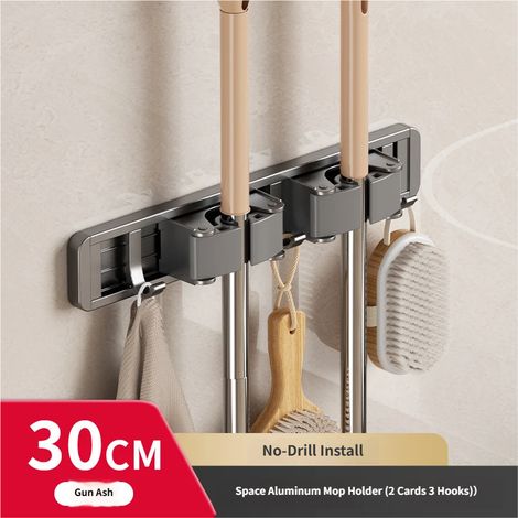 Support mural pour balai avec crochets robustes et clips de verrouillage aucun perçage requis pour le rangement du balai de salle de bain. (1/5)