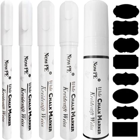 Feutre Craie Blanc, Marqueur Craies 1mm, 3mm, 6mm, 10mm et 15mm pour Tableau Noir, Verre et Fenêtres, Humide ou Sec Effacable Stylo de Craie, 5 Marqueurs Liquide + 16pcs Ardoise Noire Etiquettes (1/5)