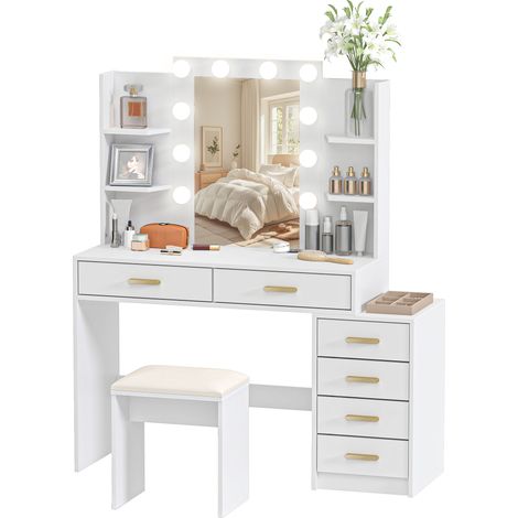 Coiffeuse, Blanc, étagères., avec 6, tiroirs et, tabouret rembourré. Un ensemble de maquillage, miroir illuminé et, avec (1/5)