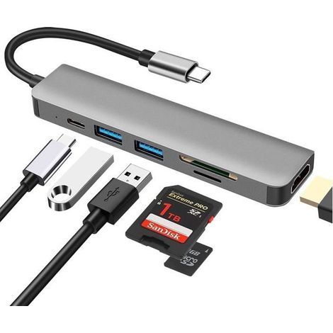 Hub USB C, adaptateur multiport DEMKICO Type C 6 en 1 avec HDMI 4K, lecteur de carte SD/TF, ports USB 3.0 et USB 2.0 (1/5)