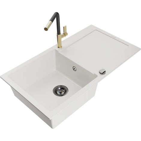 Mexen Leo lavello da cucina in granito 1-vasca con sgocciolatoio e rubinetto da cucina Flora, bianco - 6501-20-670401-57-B (1/5)