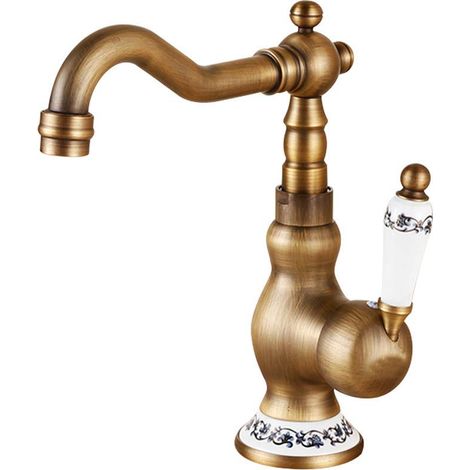 Robinet De Cuisine RéTro Doré, Robinet Monotrou Assis, Robinet D'Eau Chaude Et Froide, Cuivre, Adapté Au Robinet De Cuisine En Bronze (Court) (1/5)