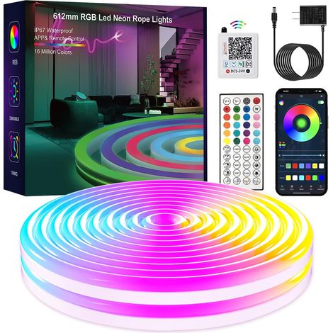 Bandes lumineuses néon, bandes LED RGB de 4,88 m (16 pi), avec télécommande/application, synchronisation musicale, étanches IP67, sécables (1/5)