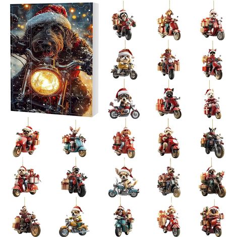 Adventskalender 2026 mit Motorrad- und Hundemotiven – Niedliche 2D-Weihnachtsanhänger und -ornamente aus Acryl – 24-tägiges Weihnachtsgeschenkset für Sammler (1/5)