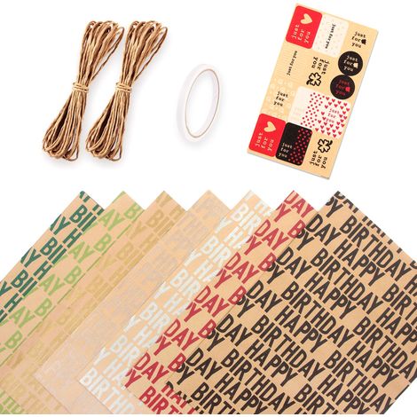 Wrapping Paper - Happy Birthday Design - 50 x 70 Cm - Recyclable Kraft Paper - 7 Sheets With Stickers Twine And Tape (1/5)