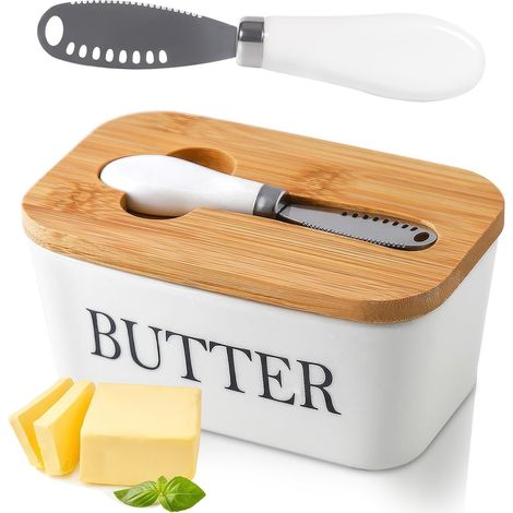 Porzellan-Butterdose, 250-g-Butterbehälter, Butterdose mit Deckel und Buttermesser, Silikon-Dichtungsring, leicht zu reinigen, spülmaschinenfest (Weiß)