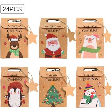 24PCS Boîtes Sacs de Cadeaux de Noël(9 × 6 × 14cm), Pochette Cadeau Kraft Noël, Boîtes Cadeau de Noël en Papier Kraft, Pochette Noël boîtes pour Emballage Cadeau, Bonbons, chocolats, Biscuits (1/5)