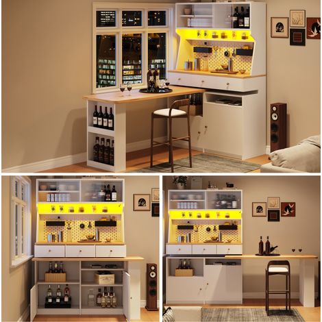 MEUBLIV Buffet haut 137x45x178 cm blanc – LED, plateau extensible et 3 tiroirs (1/5)