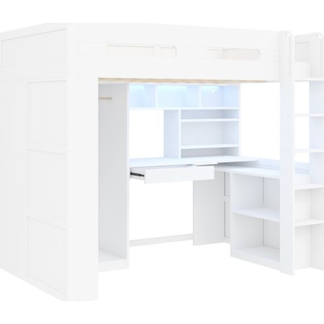 Letto a soppalco 90x200 cm bianco con scrivania, cassetto, scaffali, armadio, LED e USB (1/5)