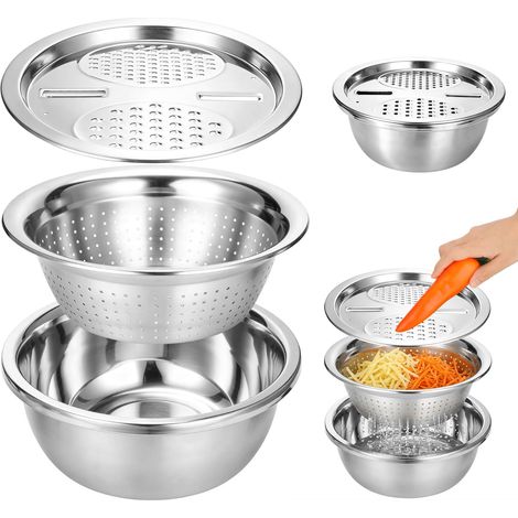 Bol 3-en-1 en Acier Inoxydable avec Passoire et Râpe,26 CM Panier Égouttoir Saladier,Saladier Égouttoir Multifonction pour Légumes, Salades, Pâtes (1/5)