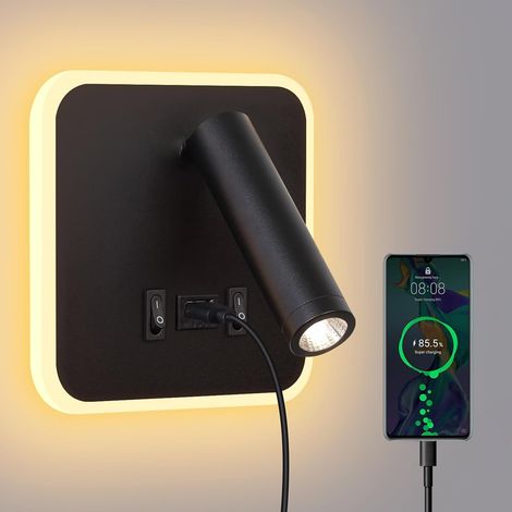Lampada da parete a LED - Lampada da lettura da parete per letto, Lampada da parete a LED con interruttore e ricarica USB, Lampada da parete 3W 4000k + 5W 3000k Lampada da lettura girevole per camera (1/5)