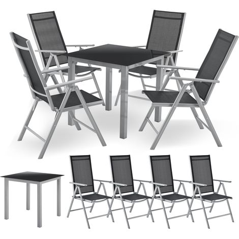 Juskys Aluminium Gartengarnitur Milano - Gartenmöbel Set mit Tisch und 4 Stühlen – Silber-Grau mit schwarzer Kunstfaser - Alu Sitzgruppe Balkonmöbel