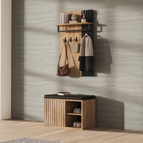 Banco zapatero 70x36x146 cm negro y natural en tablero de partículas con 2 puertas, 3 ganchos y asiento acolchado (1/5)