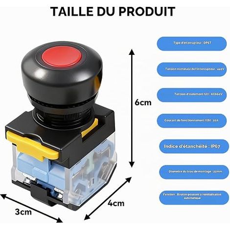 IP67 Étanche 22mm 10A 440V 1NO 1NC DPST Momentary Bouton-Poussoir Rouge/Vert/Orange/Bleu/Blanc (1/4)