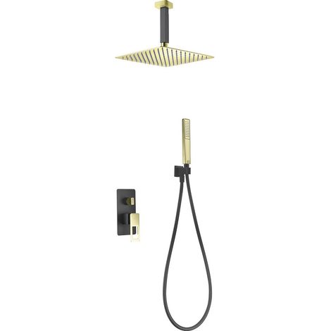 IMEX Einbau-Duscharmatur Set Estocolmo 2-Wege Messing schwarz matt mit glänzendem Gold extraflacher Edelstahl S304 Duschkopf 25x25 cm PVC Schlauch 150 cm – Modell Imex-BDES37-6NGOLD (1/2)