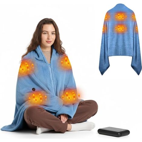 Couverture Chauffante en Flanelle Électrique Sans Fil 160x90cm, 3 Niveaux de Chauffage, Batterie Rechargeable 16000mAh, 6 Zones Chauffantes Poncho pour Canapé, Bureau, Camping, Voiture (bleu clair)