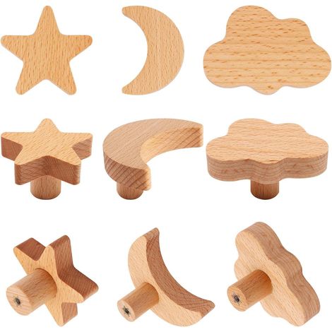 Pomos de madera con formas de estrellas, lunas y animales del bosque para gabinetes, cajones y muebles. Ideales para guarderías y manualidades. (1/5)