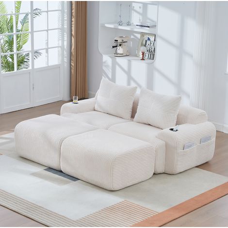 Divano modulare da 2 posti in velluto a coste (panno) con 2 pouf, portabicchieri e tasca laterale, beige, 200x174x80 cm (1/5)