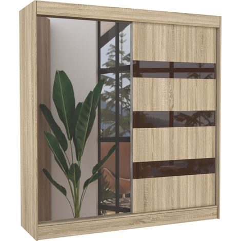 Armoire de chambre 1 porte bois clair et marron laqué 1 porte miroir Voka - 3 tailles-Largeur 150 cm (1/5)