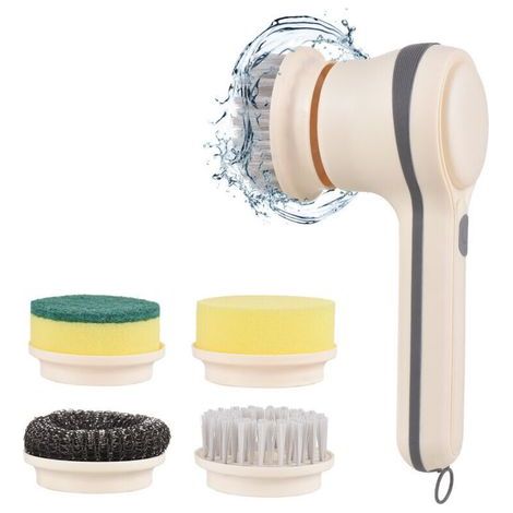 Ulisem Brosse de nettoyage multifonctionnelle électrique à 4 têtes, brosse en nylon/fil/éponge, sans fil, portable, pour cuisine, salle de bain, mur, fenêtre, carrelage, sol, baignoire, voiture (1/4)