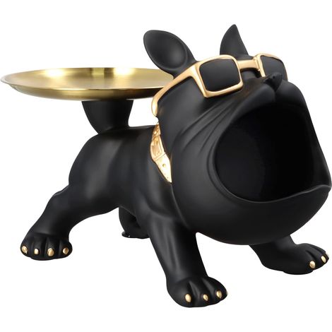Statue Bouledogue Français avec 2 Plateaux, Décoration Résine Antidérapante, Noir, Idéal Conteneur Clé, Décor Couloir (1/5)