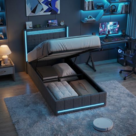 Polsterbett 90x200 cm - Einzelbett mit stauraum hydraulisch led-beleuchtung usb type-c anschlüssen - Leinen bett mit ohren-kopfteil - Grau (1/5)
