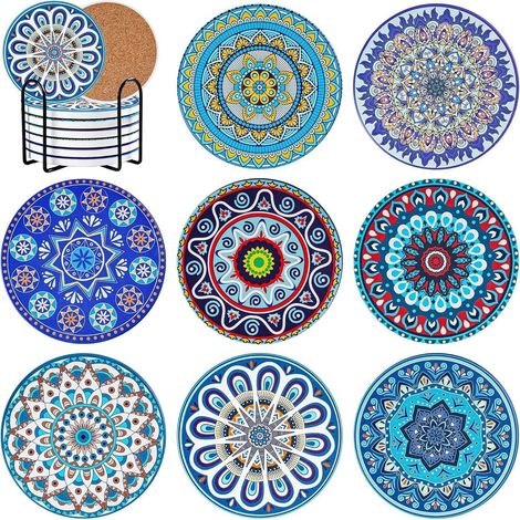 Mandala Keramik Untersetzer 10cm 8er Set Korkhalter Wohnzimmer Bar Küche (1/5)