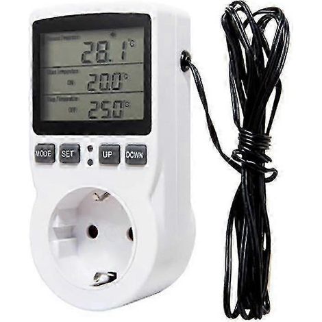 Contrôleur de température numérique avec prise secteur norme UE, thermostat avec minuterie et sonde de température, fonctions chauffage et refroidissement