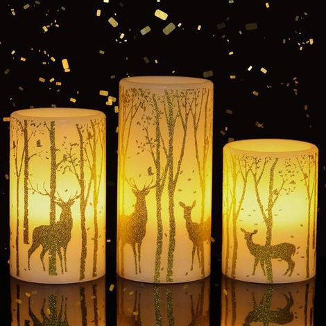 Set di 3 candele senza fiamma – Luce calda tremolante con motivo a cervo – Decorazioni natalizie per la casa (1/5)