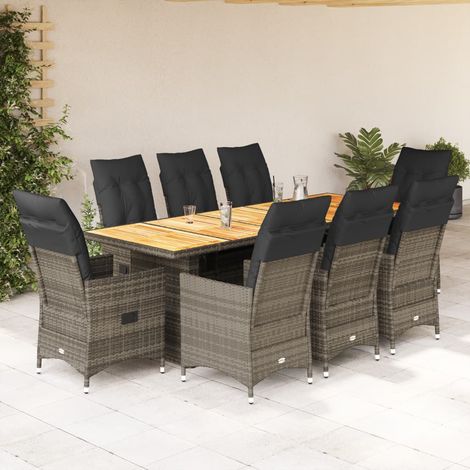 9-tlg. Garten-Bistro-Set mit Kissen Grau Poly Rattan (1/5)