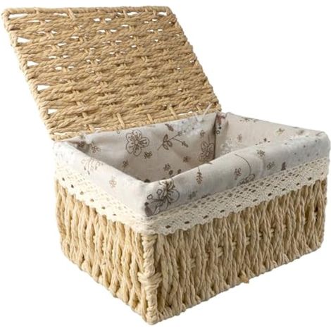 Panier de rangement en osier avec couvercle, pratique pour le rangement, panier en osier multifonction avec couvercle, convient pour chambre à coucher, buanderie (couleur naturelle) (1/5)