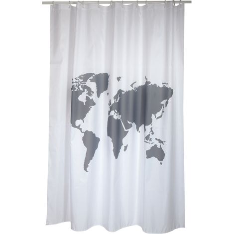 Rideau de douche Polyester WORLD 180x200cm QUALITE PREMIUM Gris & Blanc - Anneaux inclus MSV (1/3)