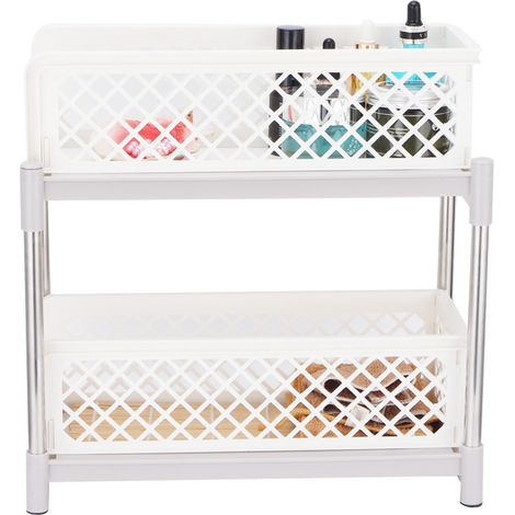 Armoire de Salle de Bain à 2 Étages avec Tiroirs Coulissants et Paniers, Organisateur de Rangement Blanc