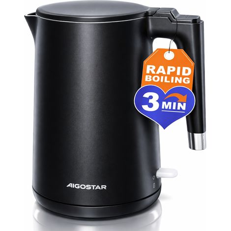 Aigostar Bollitore Elettrico 2200W 1.5L Acciaio Inox Anti-scottatura Nero