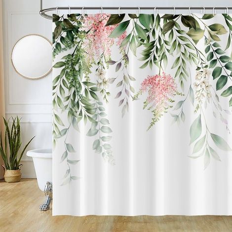 Filiyano-Rideau de douche à motifs de feuilles vertes, d'eucalyptus et de fleurs roses, rideau de salle de bain imperméable et anti-moisissure, rideau (1/5)