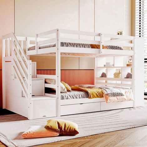 Lit Superposé Enfant - 90x200cm - Escalier de Rangement - lit Superposé - Tiroirs, Armoire Latérale, Bois Pin, Sécurité, Blanc (1/5)