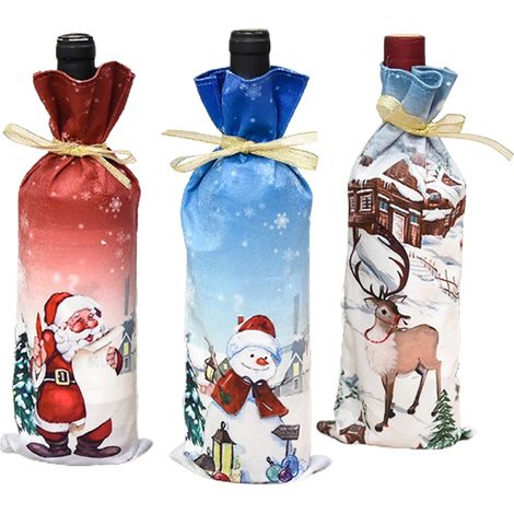 Lot de 3 housses de bouteille de vin de Noël, réutilisables et mignonnes, pour mariage, anniversaire, voyage, fête, pendaison de crémaillère et rangement à la maison.
