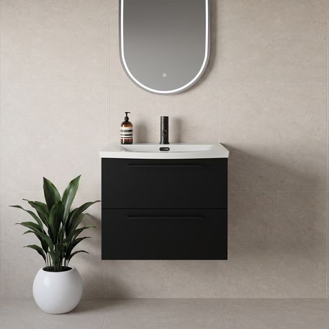 Napoli 390 Matt Black 600mm Wall Mounted 2 Drawer Vanity Unit with Arc Basin - 600mm - Matt Black 320mm Handle