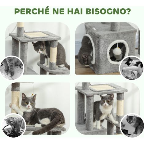 Arbre à chat avec niche, couchage et 2 balles, blanc et gris, 55x40x107 cm, en bois et tissu doux (1/5)