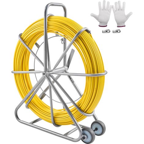 VEVOR Fish Tape in Fibra di Vetro, 200 m 7,94 mm, Duct Rodder Fishtape, Tiracavi con Supporto per Bobina in Acciaio, 3 Teste Trazione, Strumenti Pesca per Pareti e Condotte Elettriche, Non Conduttivo