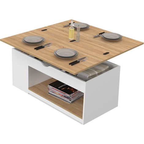 Couchtisch rechteckige Klappplatte, umwandelbar in einen Esstisch ELEA 100 cm Holz weiß und Buchenholzoptik