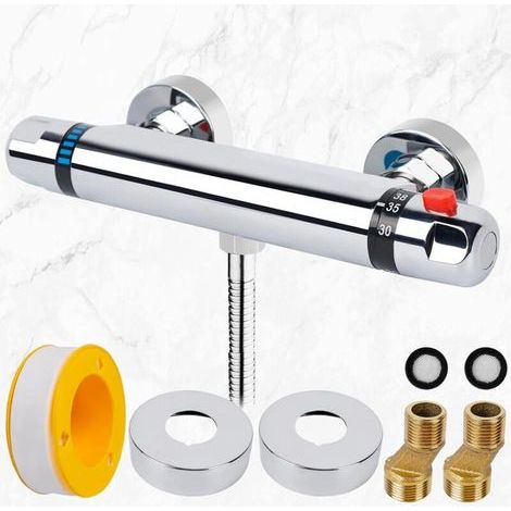 Thermostatic Shower Mixer, 150mm Thermostatic Shower Faucet with Safety Lock, 38°C, Wall-Mounted Shower Mixer, Brass/Chrome Finish, Temperature Control (20-50°C), Thermostatic Mixers (1/4)