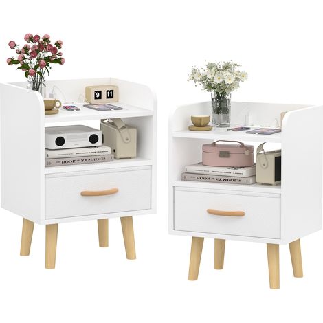 Lot de 2 Tables de Chevet Multifonctionnelles en MDF Blanc avec Tiroir & 2 Étagères - Meuble de Rangement avec Pieds en Hêtre, Station de Recharge USB, Antidérapant, Facile à Nettoyer - Dimensions 40x (1/5)