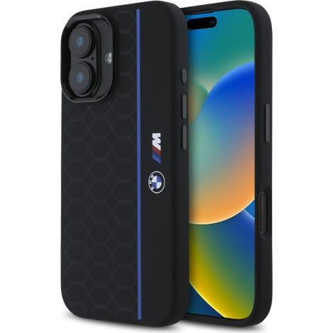 BMW BMHMP16S23SHEB iPhone 16 6.1 schwarze/schwarze Hartschalen-Silikonhülle mit Hexagon Blue Line MagSafe (1/5)