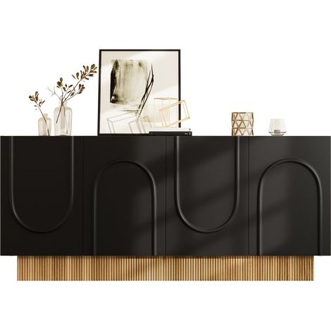 Buffet 4 Portes GL1912S Meuble de Rangement Salon Façade Mate Relief en U Salle à Manger Design Noir et Bois 160x38x75 cm (1/5)